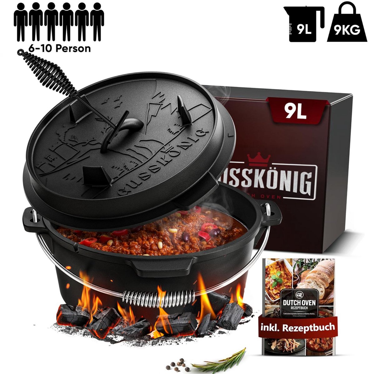 GUSSKÖNIG Dutch Oven Set - Ingebrande vuurpot met praktische dekselheffer en voetjes - dutch oven gietijzer