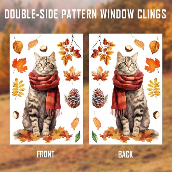 Dubbelzijdige raamstickers met kat en herfstbladeren, 2 stuks.