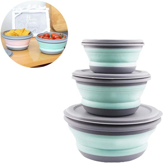 Daity Opvouwbare kommen met deksel - set van 3 - opvouwbare kommen voor kamperen - draagbare saladekommen - voedselbewaardozen - ronde voedselbewaardozen voor kamperen - wandelen - keuken - school - buiten (groen) — afbeelding 3