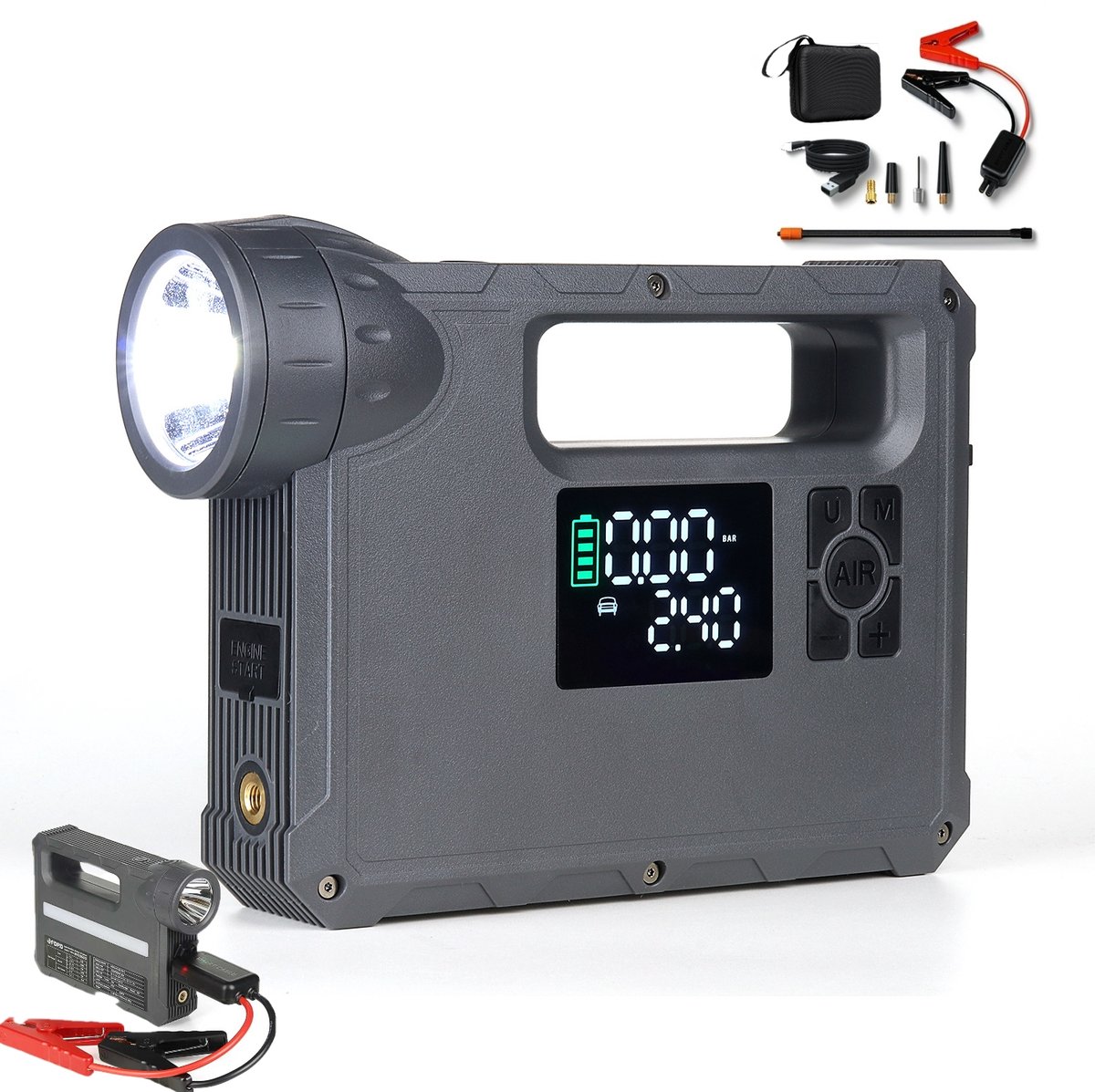 Jumpstarter 12V voor Auto-5-in-1 Multifunctionele Jumpstarter 16000mAh- Jumpstarter voor auto -Dubbele Turbopomp & Bandendrukmeter-2000 lumen LED-verlichting-Type-C Snellader Powerbank-LED-display-Auto/Motor Accuhulp-In Opbergkoffer