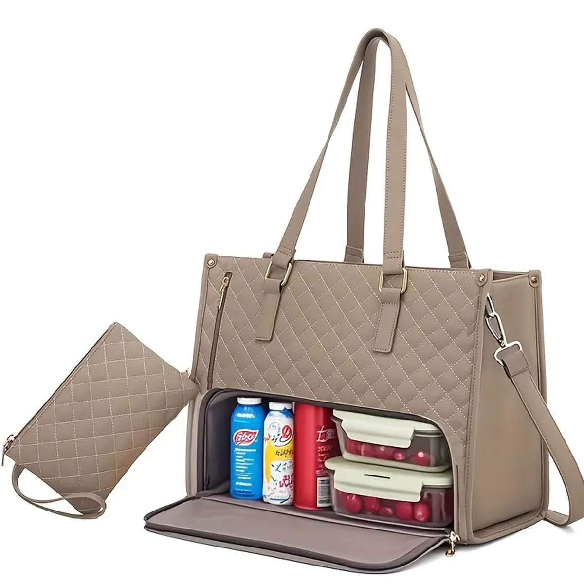 Niet-voedselcontact, 2-in-1 lunch- en reistasset met lekvrije geïsoleerde koeltas en opbergvak, multifunctionele handtas, lunchtas voor terug naar school（Khaki）