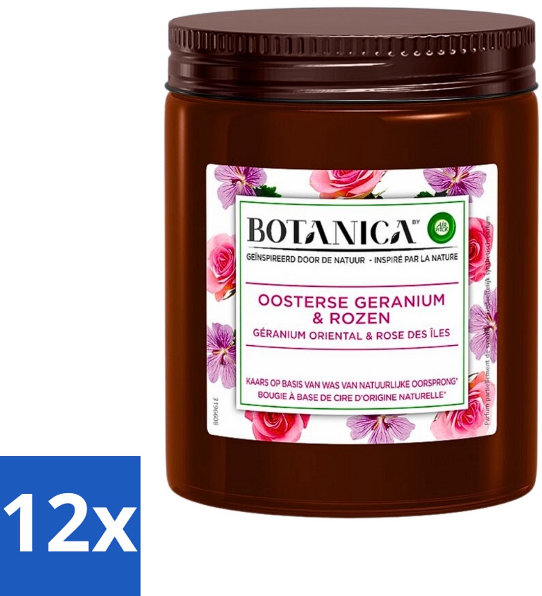 12 x Botanica by Air Wick - Geurkaars - Geranium & Rozen - 40 Uur Brandduur - Geurkaars - 