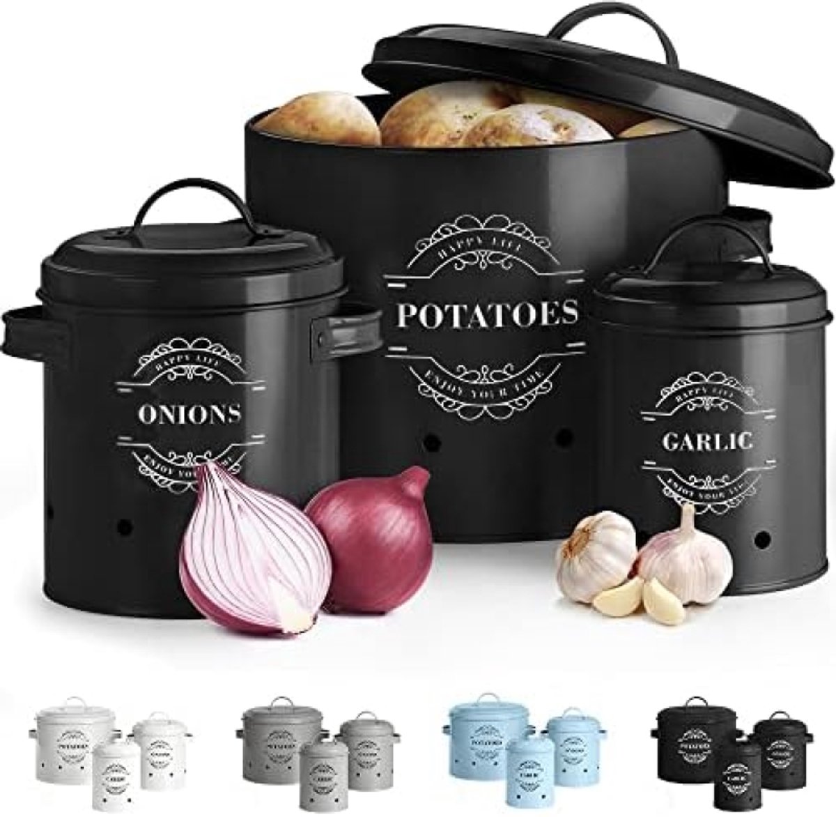 Set van 3 Metalen Opbergpotten voor Aardappelen, Uien en Knoflook - Ventilatiegaten - Zwarte Voorraadcontainers met Deksels