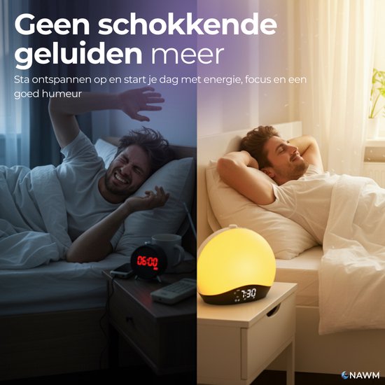 NAWM® Premium Wake Up Light - Digitale Wekker - Lichtwekker - Nachtlampje - Wekker - Bluetooth - 20 Helderheid niveaus - 25 Ontspanningsgeluiden - Incl. Nederlandse handleiding, EU stekker & Slaapgids