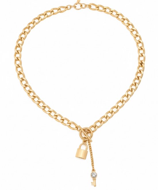 Collier doré avec cadenas et porte-clés - collier pour femme - chaîne à maillons avec pendentif ludique et accent en cristal