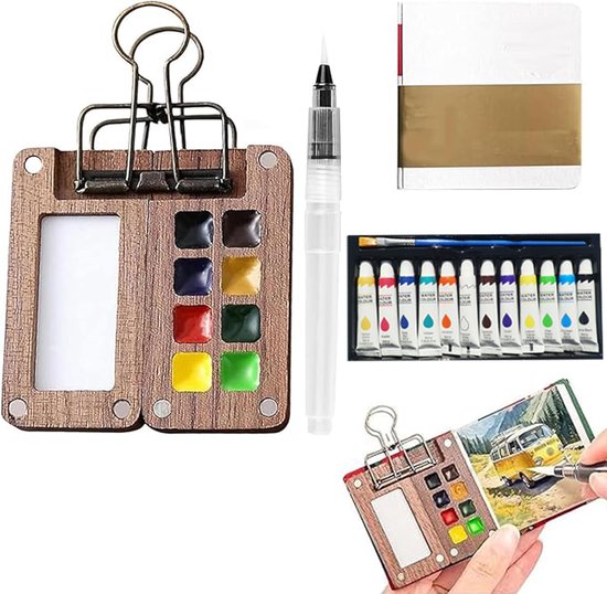 Foto: Mini aquarelverfset voor reizen draagbaar palet met 8 roosters mini houten palet box pocket reizen verf tray doos met metalen clip 12 kleuren aquarelschilderpalet met aquarelpenselen waterverf schetsboek