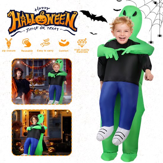 Opblaasbaar Alien Kostuum voor Kinderen - 1.7 Meter Groot - Snel Opblaasbaar met Pomp - Grappig Halloween Pak - Veilig en Waterdicht - Feestelijke Verkleding