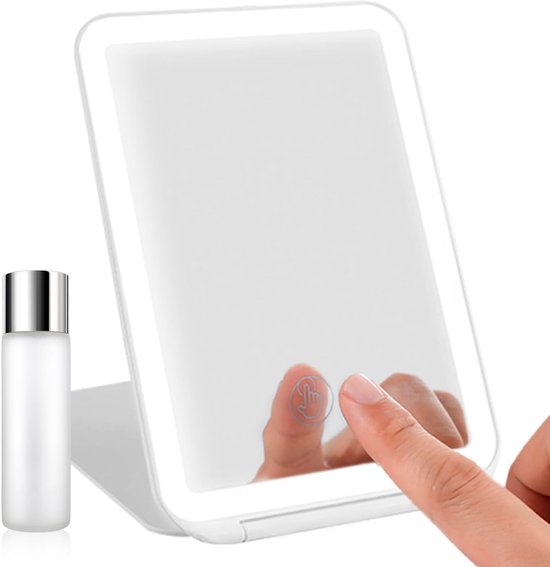 Make-upspiegel met Verlichting, LED Draagbare Cosmeticaspiegel 10x Vergroting, 3 Dimbare Kleurenlichten, Oplaadbare Ultradunne Tafelspiegel voor Thuis en Reizen, Wit