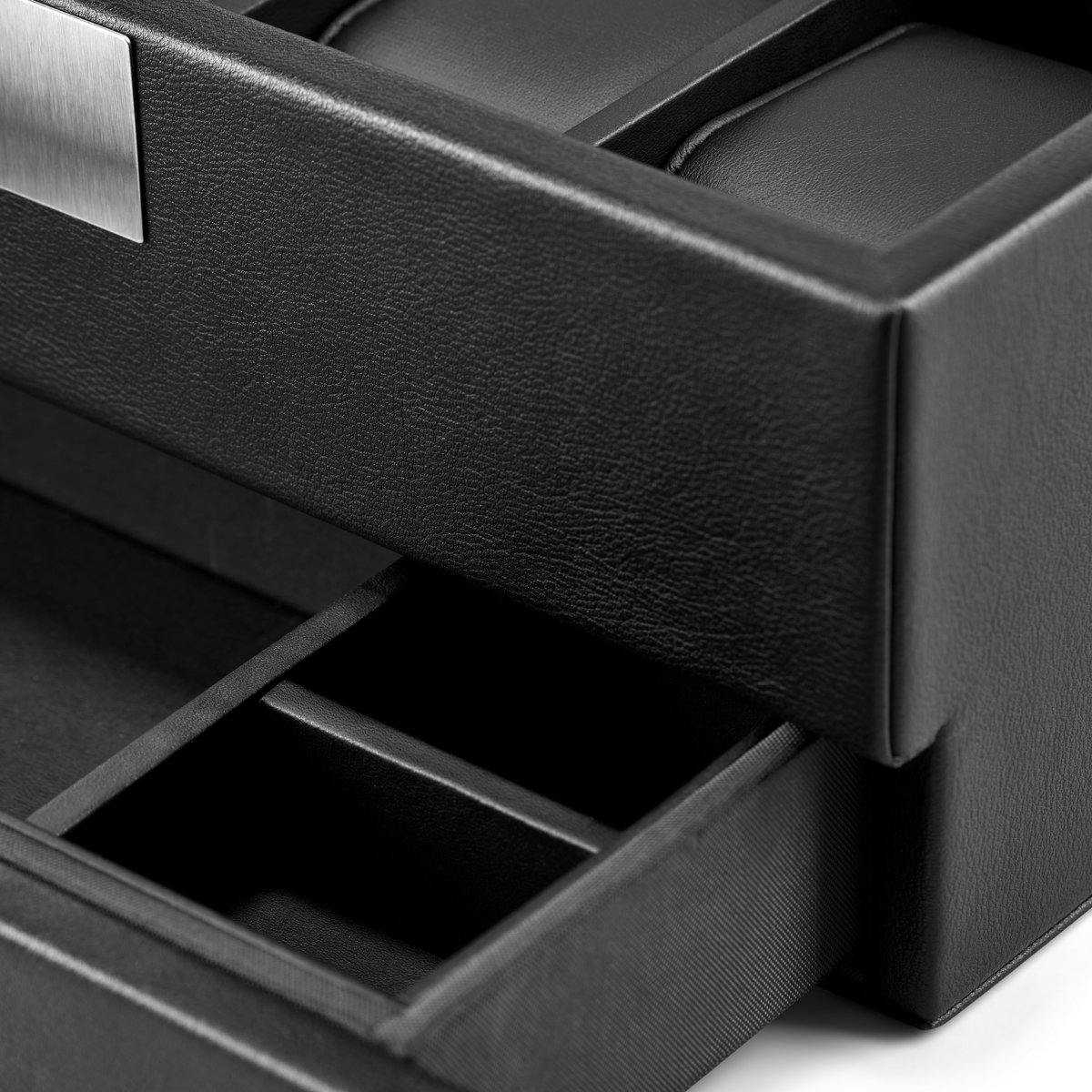 Horlogedoos van zwart kunstleer met 5 compartimenten en sieradenlade