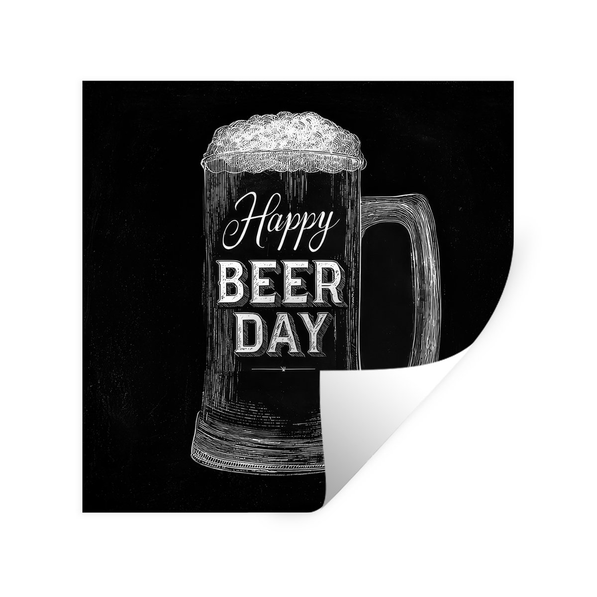 Muurstickers - Sticker Folie - Bierpul - Witte krijtletters - Happy beer day - 100x100 cm 