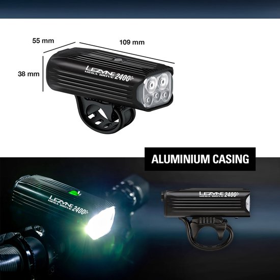 Lezyne Mega Drive 2400+ - Fietslamp voorlicht - Fietsverlichting USB Oplaadbaar - Waterdichte Koplamp Fiets - Veiligheidslampje Voorlamp - 2400 Lumen - Zwart — afbeelding 4