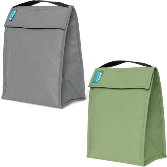 Sac isotherme gris et vert, côte à côte sur fond blanc. Tous deux ont une étiquette bleue Retulp.