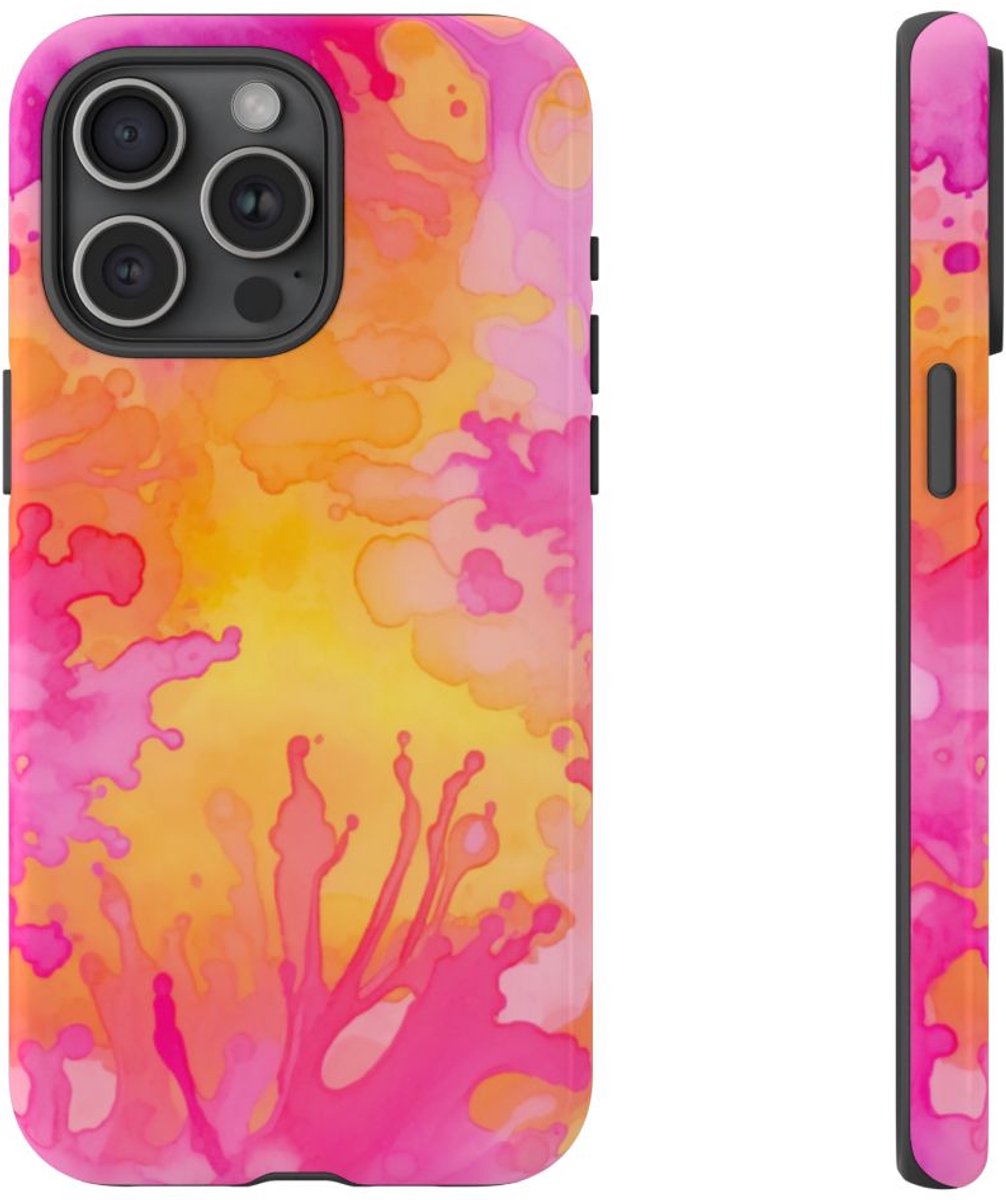 Roze en Oranje Abstracte Inktspatten – Telefoonhoesje Geschikt voor iPhone 15 Pro Max