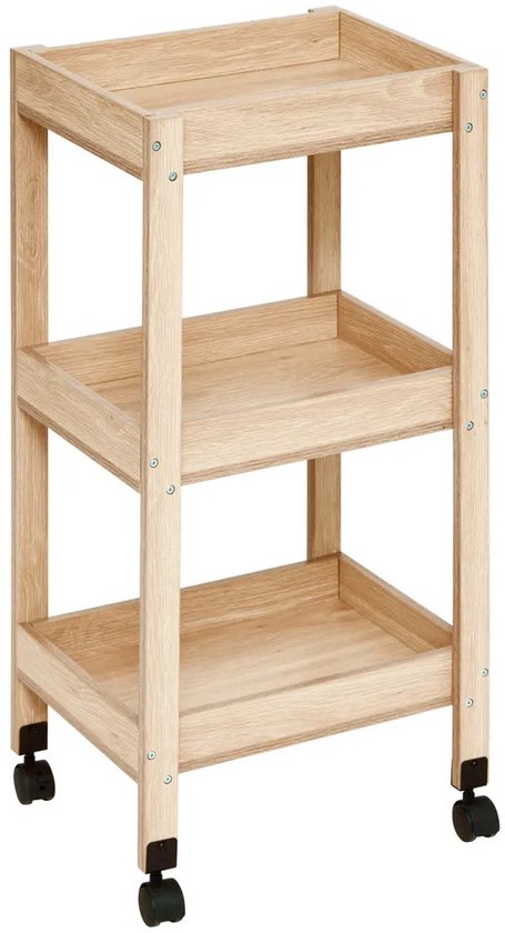 Desserte de Cuisine/salle de bain 5Five, 3 niveaux - L 40 x l B30 x H 80 cm - naturel - bois PP - avec roulettes - paniers/conteneurs de rangement