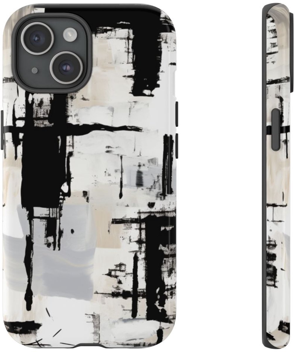 Monochrome Abstracte Penseelstreken – Telefoonhoesje Geschikt voor iPhone 15