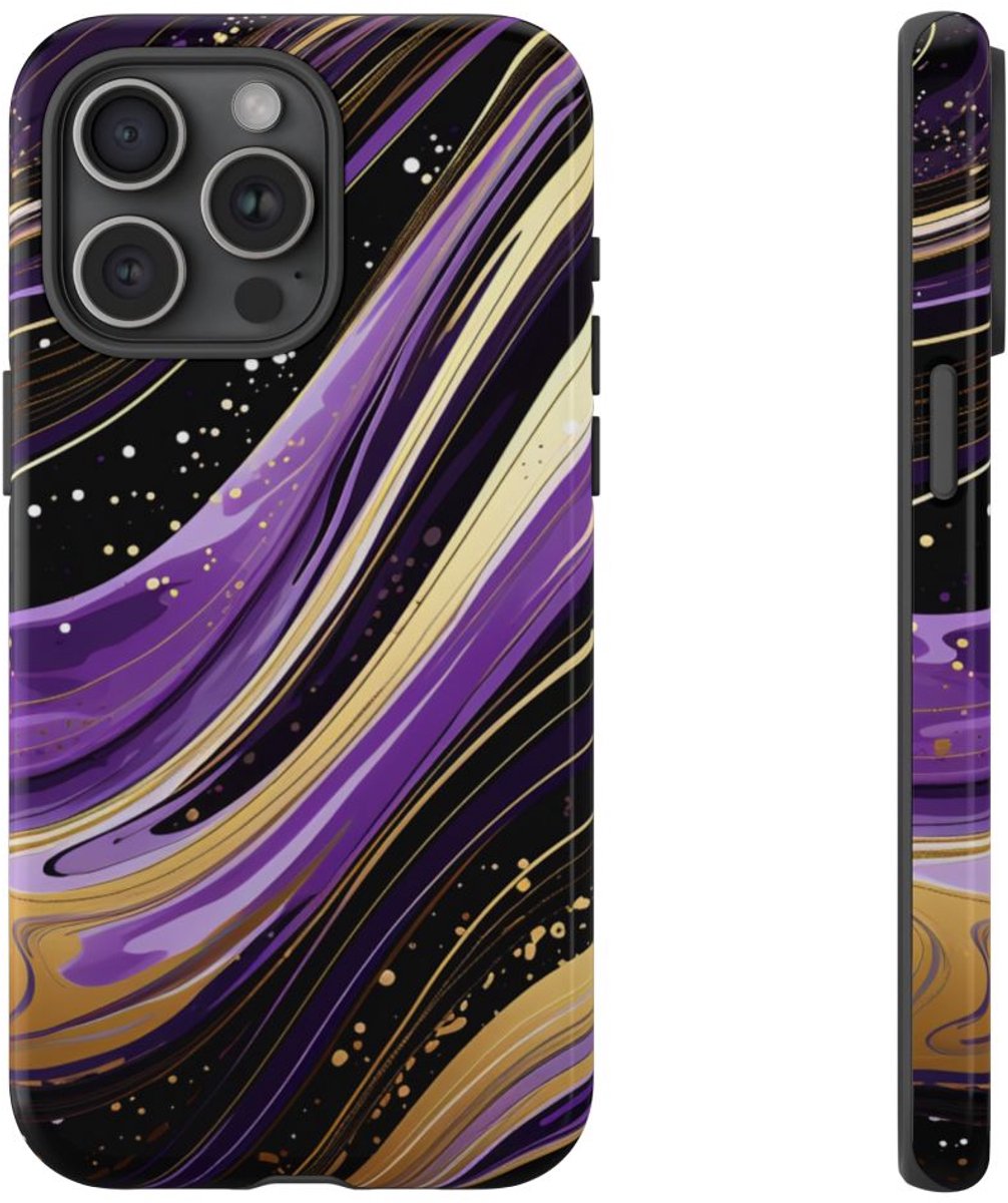 Paarse en Gouden Abstracte Krullen – Telefoonhoesje Geschikt voor iPhone 15 Pro Max
