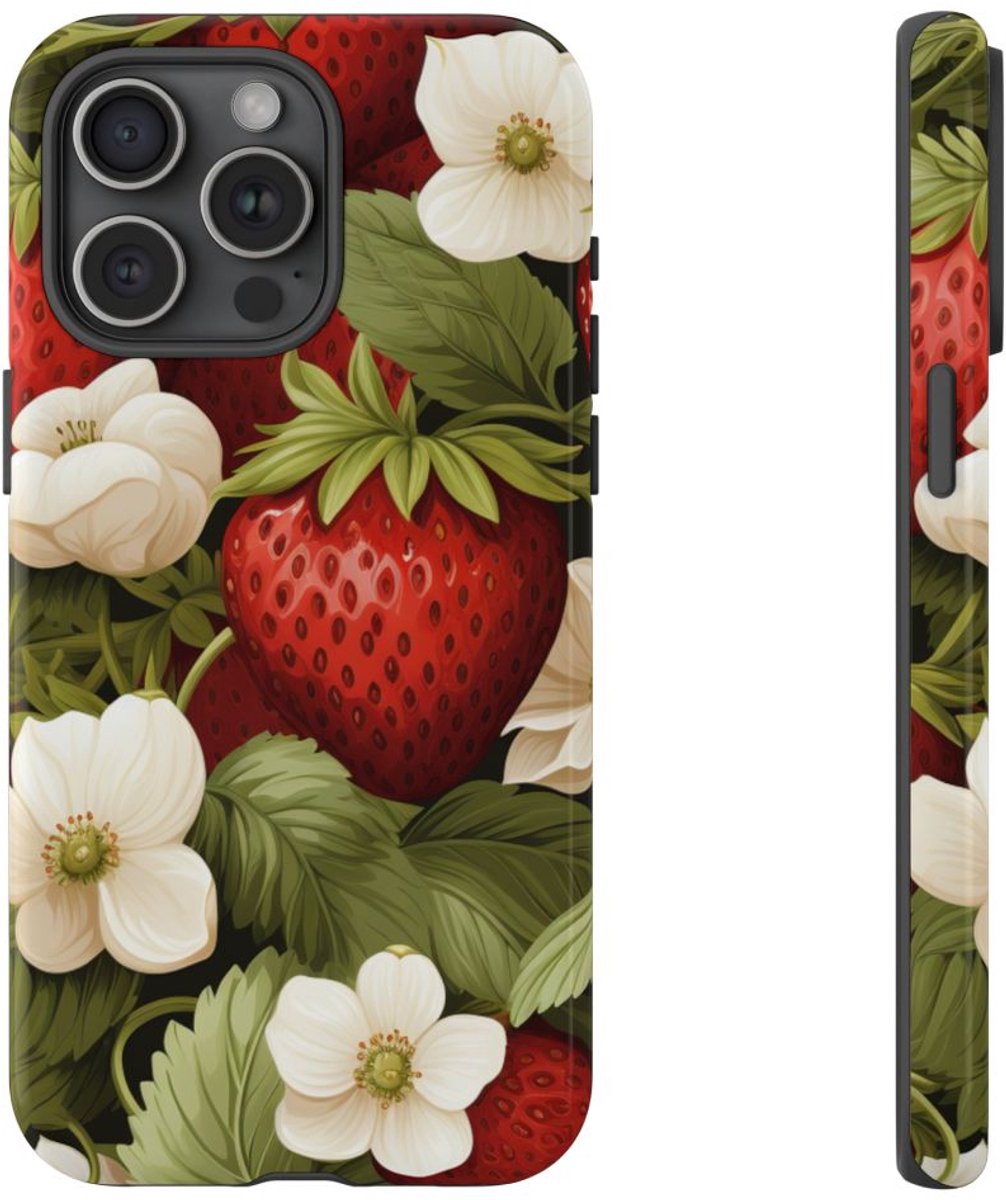 Aardbeienpatroon met Witte Bloemen – Telefoonhoesje Geschikt voor iPhone 15 Pro Max