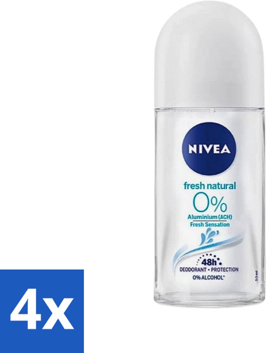 4 x Nivea - Roll-On - Alu Free - Fresh Natural - 0% Aluminum - 50 ml - Aluminiumvrije Deodorant - Natuurlijke Frisheid - Huidvriendelijke Deodorant - 0% Aluminium - Deodorant Voor Gevoelige Huid