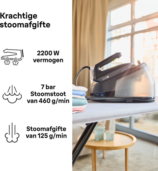 Zwarte stoomgenerator met strijkijzer op een strijkplank. Iconen en tekst tonen '2200 W vermogen', '7 bar Stoomstoot van 460 g/min', '125 g/min'.