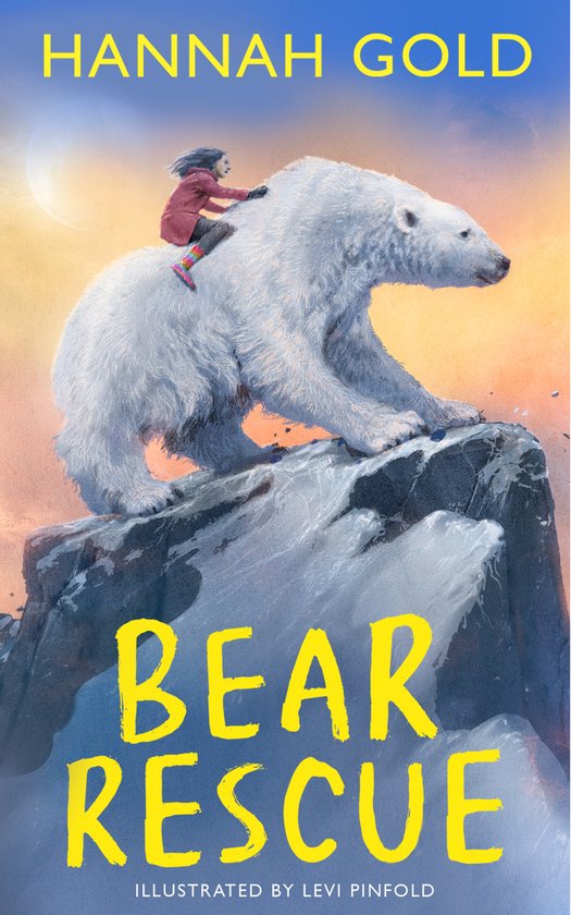 Une fille sur un ours polaire au sommet d'un rocher, avec le titre 'Bear Rescue' par Hannah Gold.