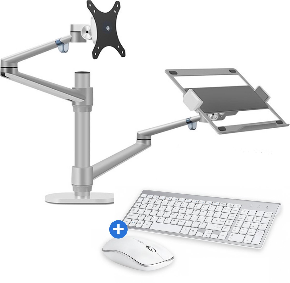Living Needs - Monitor Arm 2 schermen - Zilver - Inclusief draadloze Muis en Toetsenbord - Verstelbaar - Ergonomische laptop standaard