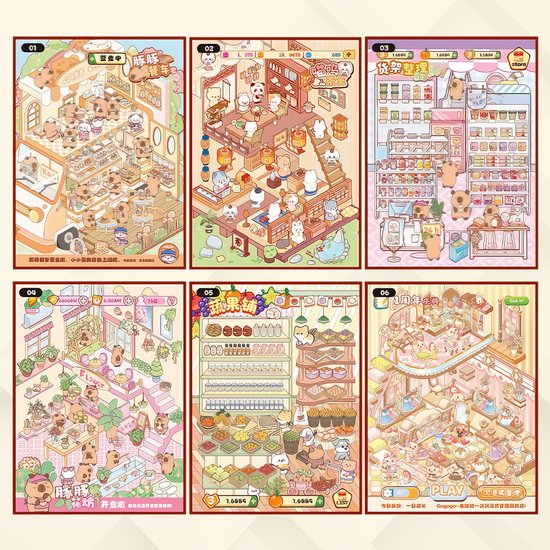 Zes stickerpagina's met gedetailleerde scènes met capybara's: een bakkerij, een winkel, een café, een bloemenwinkel, een productenshop en een speelkamer. Levendige pastelkleuren.