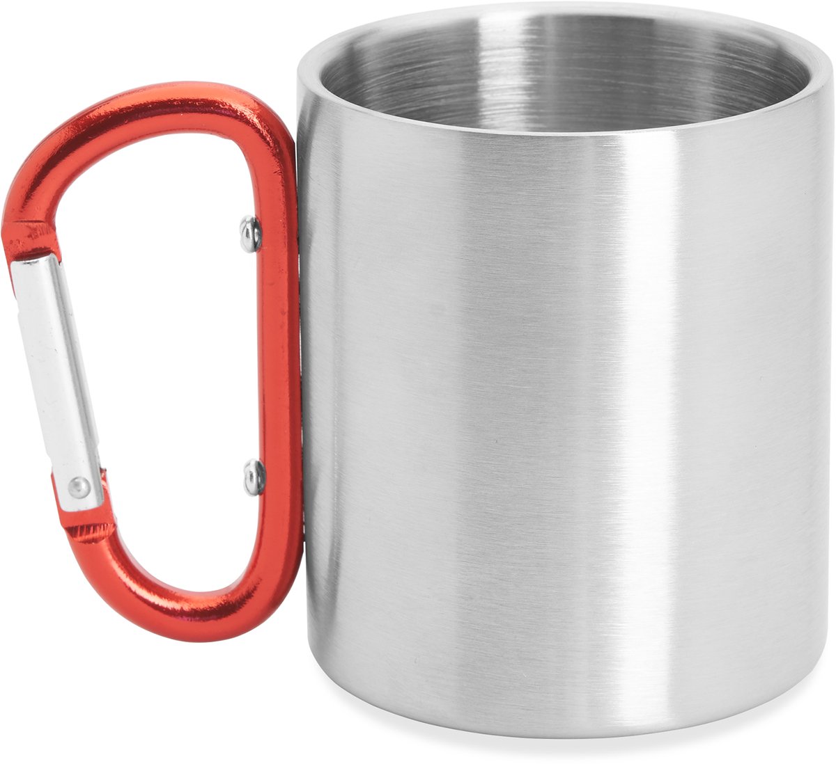 RVS mok model Guaya met gekleurde karabijnhaak als handvat- Rood - 230 ML - Beker zonder deksel - kan aan rugzak gehangen worden - Reizen - Thee - Koffie. Geschikt voor laser