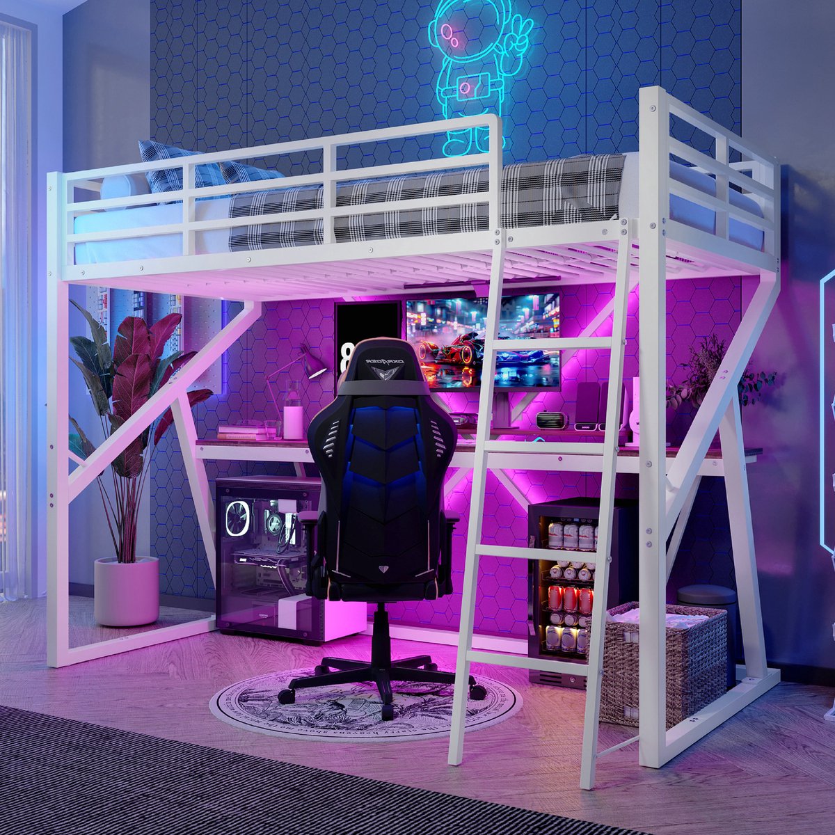 VVBV Hoogslaper 90x200 cm met Bureau - Kinderbed met ledverlichting, leuning en trap - IJzeren frame - Wit(matras niet inbegrepen)