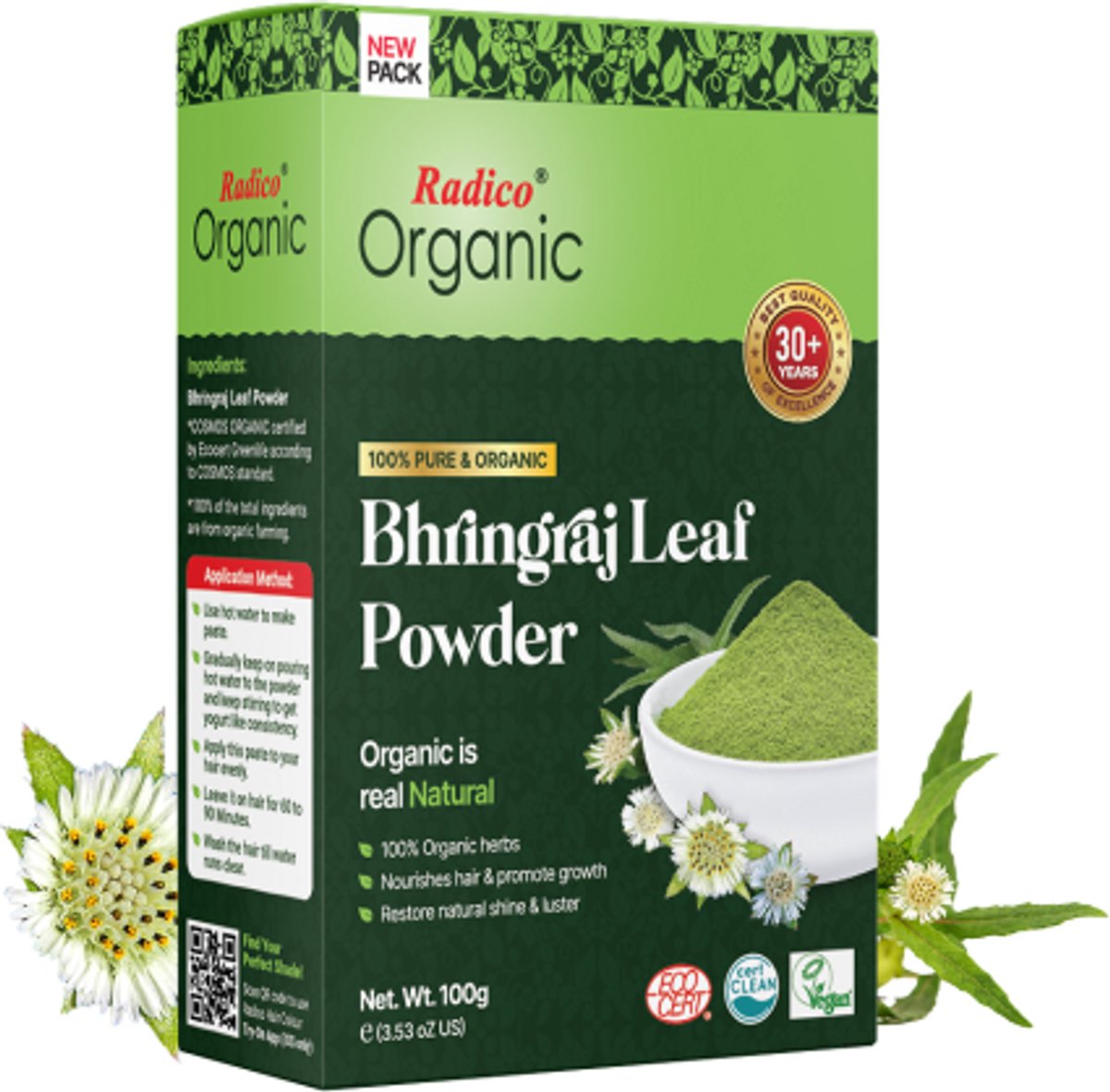 Radico BIO ORGANIC BHRINGRAJ (MAKA) 100% Natuurlijke BIO Organic Vegan HAARGROEI, Anti-Roos, Anti- Haaruitval, Anti-Vergrijzing, Glans, Care, Volume, Versterkende, Kalmerende, Reinigende, Voedende Poeder Haarmasker met ECOCERT 100g