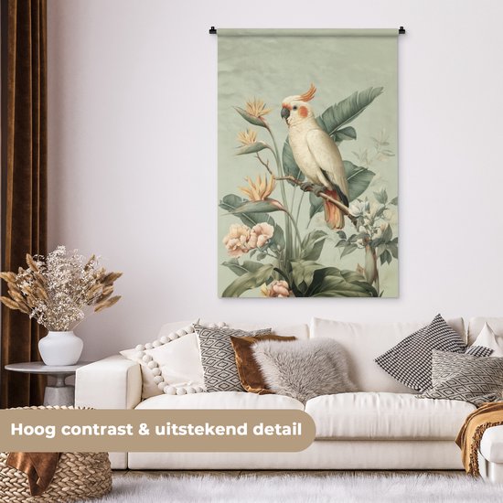 Wandkleed 90x135 cm - Wanddoek Gele kuifkaketoe - paradijsvogelbloemen - Groen - Wandtapijt - Wandkleden