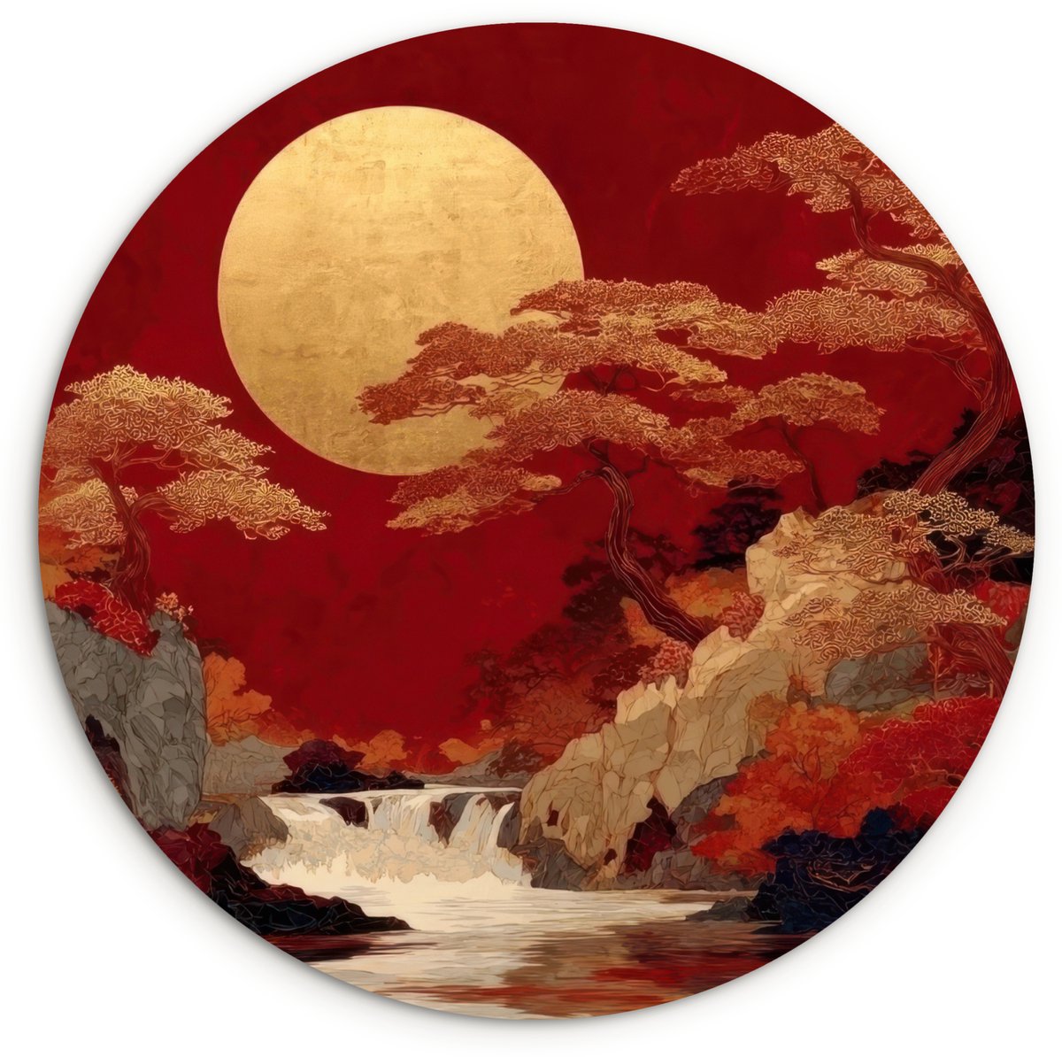 WallCircle Wandcirkel 150x150 cm - Muurcirkel Volle maan - Landschap - Waterval - Muurdecoratie woonkamer - Wanddecoratie slaapkamer - Kamer decoratie accessoires - Ronde schilderijen