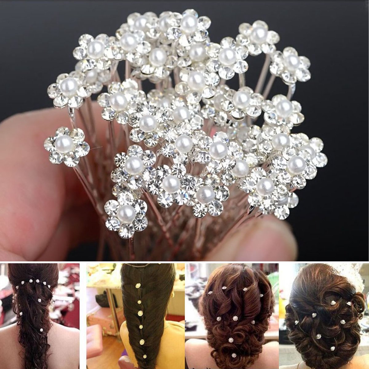 JeiibrZui Bruidshaarspelden - Haarsieraden Met Bloemen - Elegante U-Vormige Haarspelden Met Strass En Kunstparels - 20 Stuks - Voor Bruiloft En Dagelijks Gebruik Wit