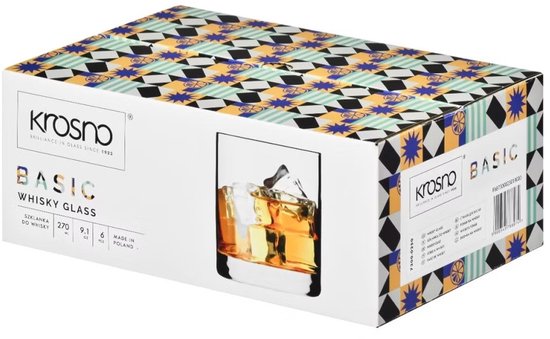 Een verpakking Krosno Basic whiskyglazen met een patroon van blauwe, gele en oranje geometrische vormen.