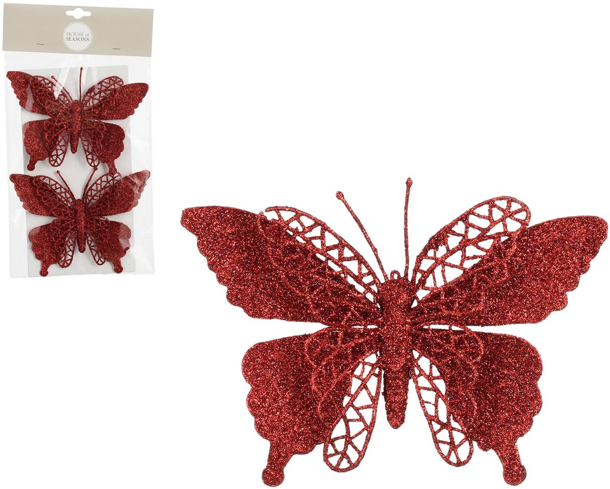 House of Seasons Kerstboomversiering Vlinder - 2x stuks - 16 cm - rood glitter - op clip