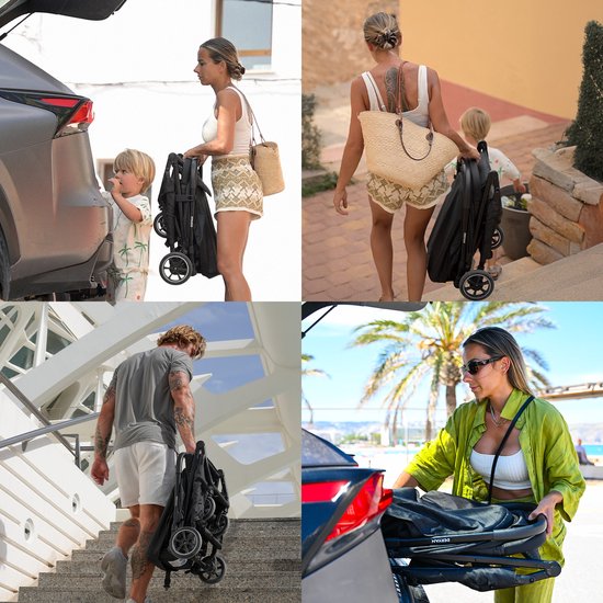 Vier afbeeldingen van een inklapbare, compacte blauwe buggy. Op de foto's is de buggy op verschillende locaties en door verschillende personen te zien.