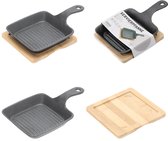 Serveerpan met bamboe plank, 1 handvat gietijzer, groot 15cm dia
