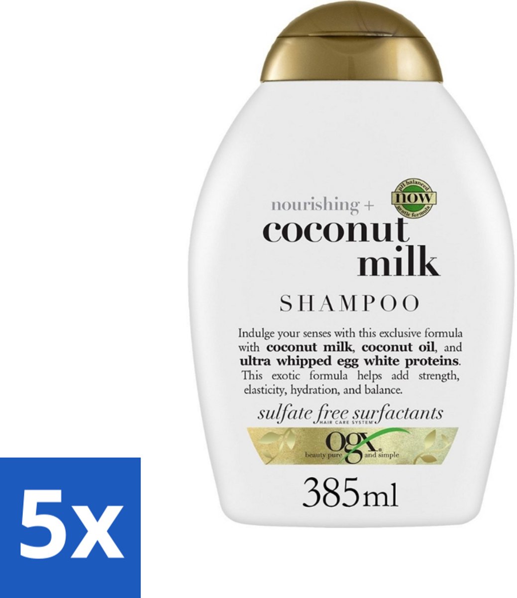 5 x OGX - Coconut Milk - Shampoo - Voedend - Tropische Geur - 385 ml - Kokosmelk Shampoo - Voedend Haar - Kokosgeur Shampoo - Gezond Haar - Haar Herstellen