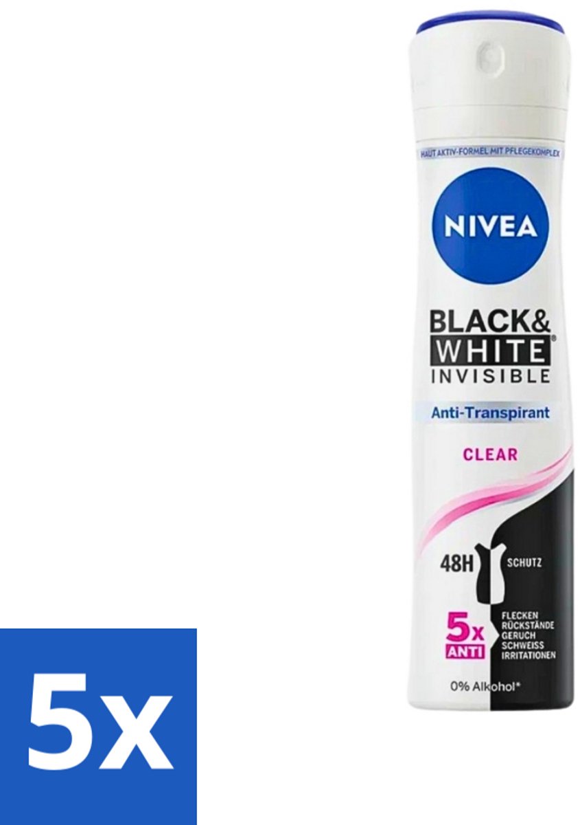 5 x Nivea - Deodorant - Spray - Black & White Invisible Clear - Anti-Transpirant - 150 ml - Anti-transpirant - Zweetbescherming - Kledingbescherming - Vlekkenvoorkomend - 48 Uur Bescherming