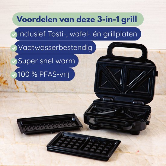 Open zwart 3-in-1 grill-apparaat met uitneembare grill- en wafelplaten. Voordelen van deze 3-in-1 grill.