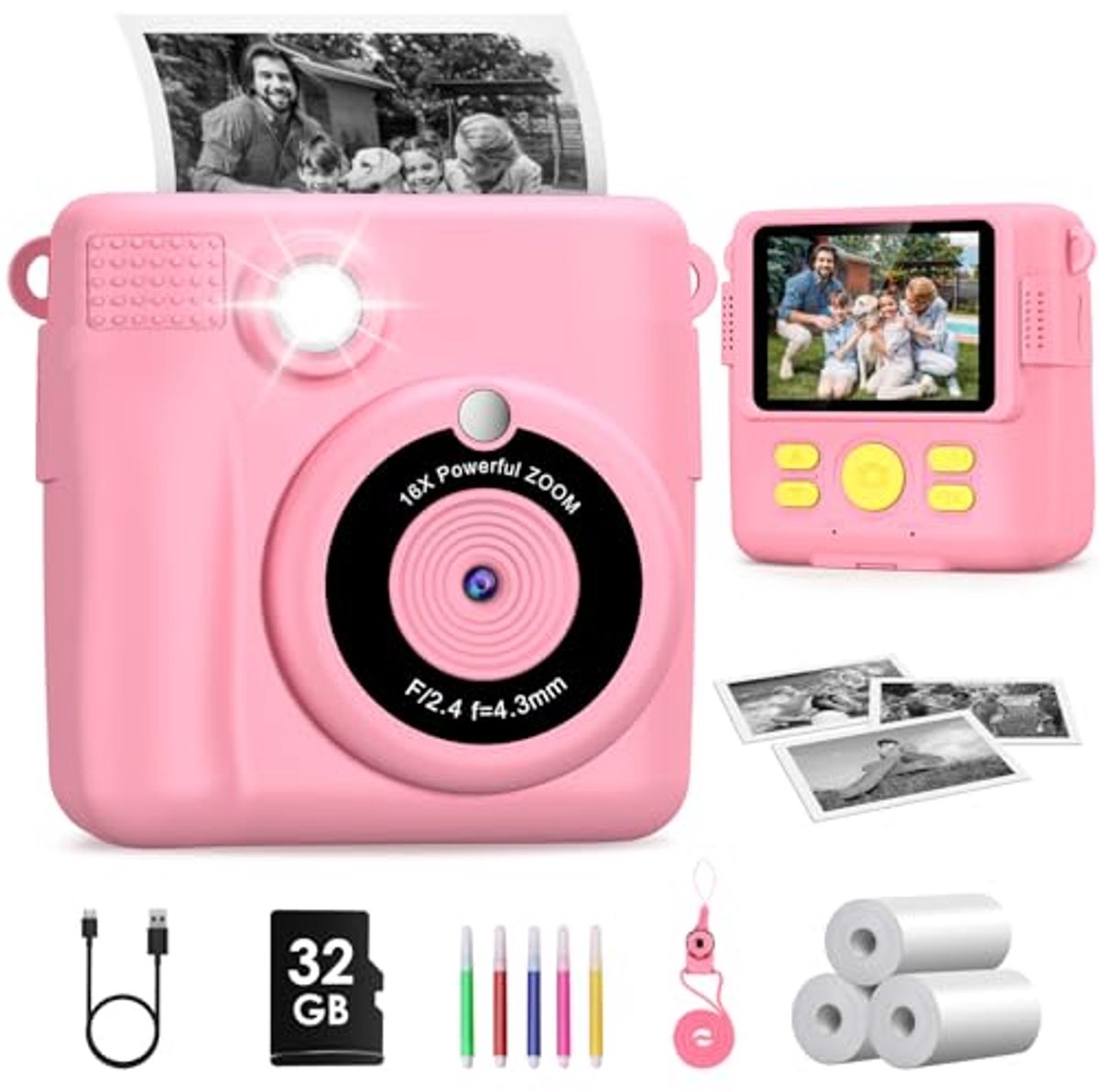 GreenKinder Children's Camera Instant Camera 1080P 2.4 Inch Screen Instant Camera for Kids with Print Paper and 32GB TF Card Digital Camera for Children 3-12 Years