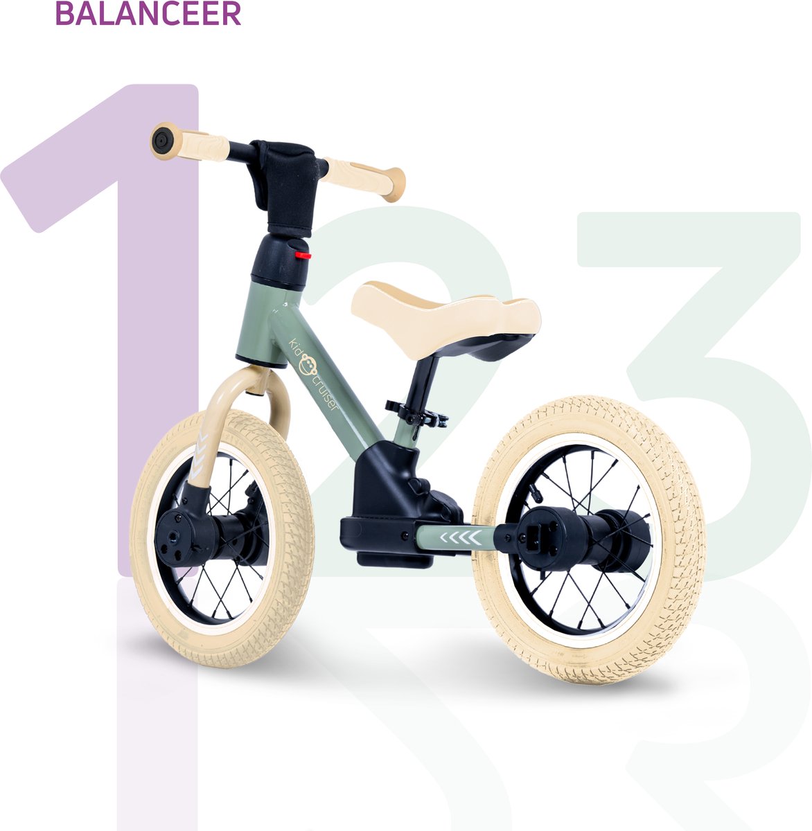 Kidcruiser Loopfiets 2+ jaar - Optioneel met LED Zijwieltjes & Trappers - 3-in-1 Kinderfiets - 12 inch – Zacht Groen & Creme wit – Modulair Design — afbeelding 6
