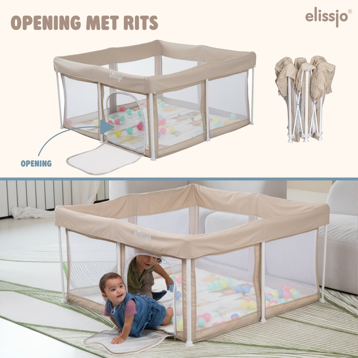 Elissio® - Grondbox Baby - Inklapbare Speelbox met Dubbelzijdige Speelmat & 50 Ballen - Kruipbox - Kinderbox - Playpen Baby - 125x125x65 CM - Beige – foto 8