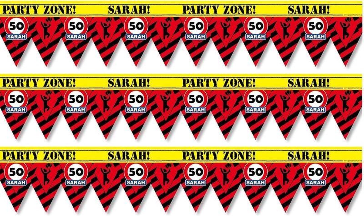 3x 50 Sarah party tape/markeerlinten waarschuwing 12 meter - VerSarahdag afzetlinten/markeerlinten feestartikelen