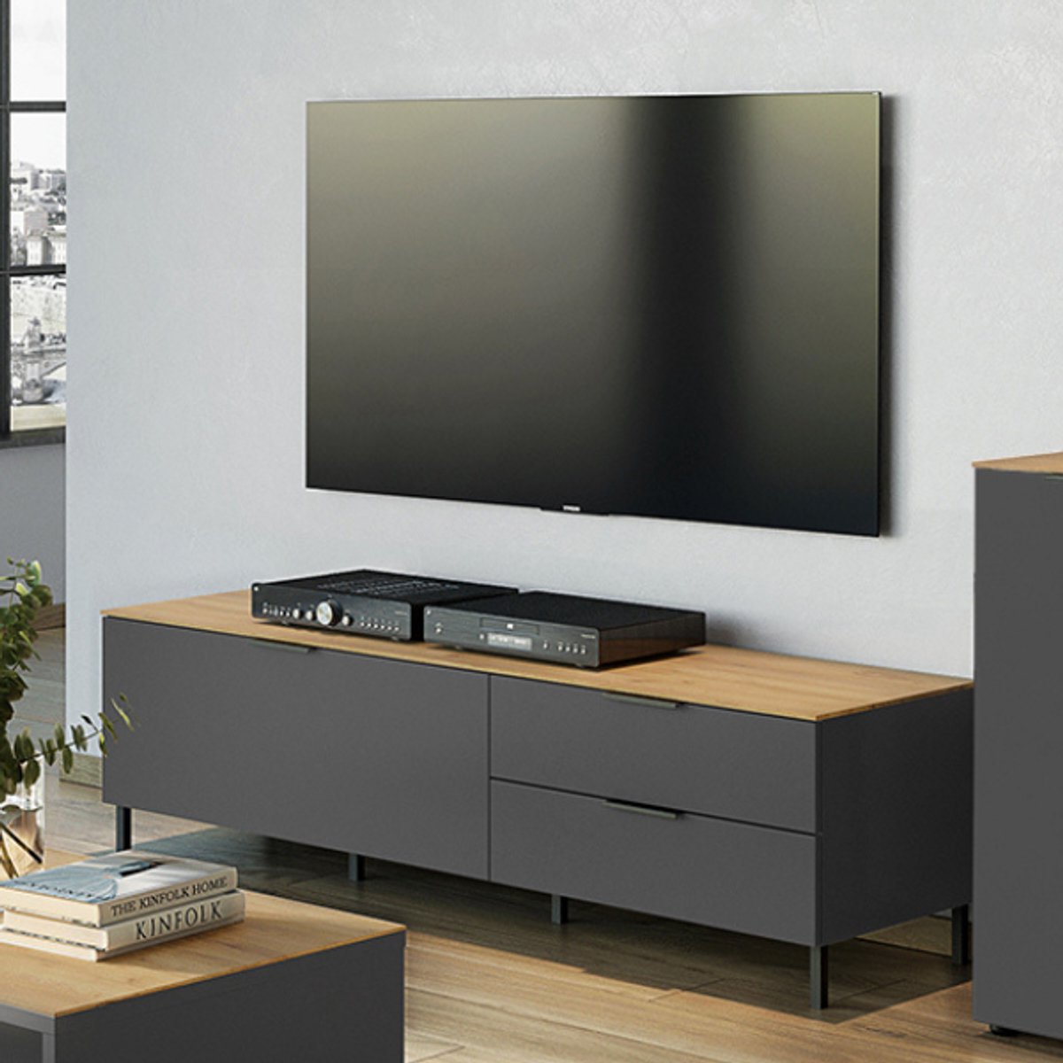 TV-meubel Calista 164cm 1 deur & 2 lades - antraciet/eik - Germania - Woonkamerkasten - Antraciet - Melamine; Spaanplaat - Woonkamerkasten -