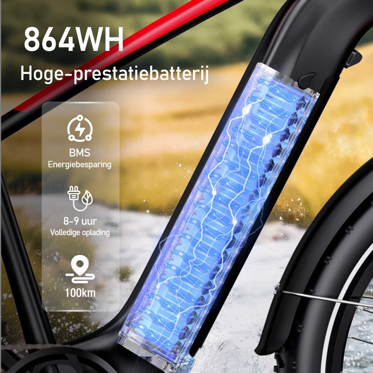 Elektrische Fiets DUOTTS - 864Wh/18 Ah Accu - 100 km Bereik - 250W Motor - 26x4 Inch Banden - Shimano 7 Versnellingen - Aluminium Frame - Inclusief Bagagedrager - Elektrische Mountainbike - zwart thumbnail 3