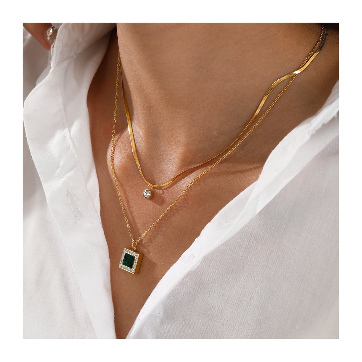 Dubbele Ketting - Goudkleurige ketting - Met Groene Steen - Roestvrij Staal - Verstelbaar - Dames - Trendy & Duurzaam - Luxe look