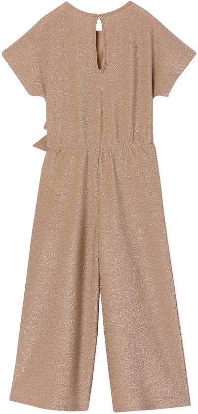 Zandkleurige glitter jumpsuit met korte mouwen en wijde pijpen, met strikdetails aan de achterzijde.