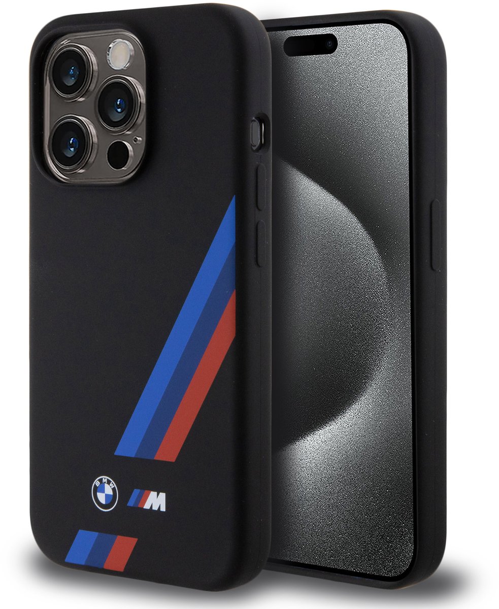 BMW Back Cover - iPhone 15 Pro - Zwart - Schokabsorberend - Sportieve M-strepen