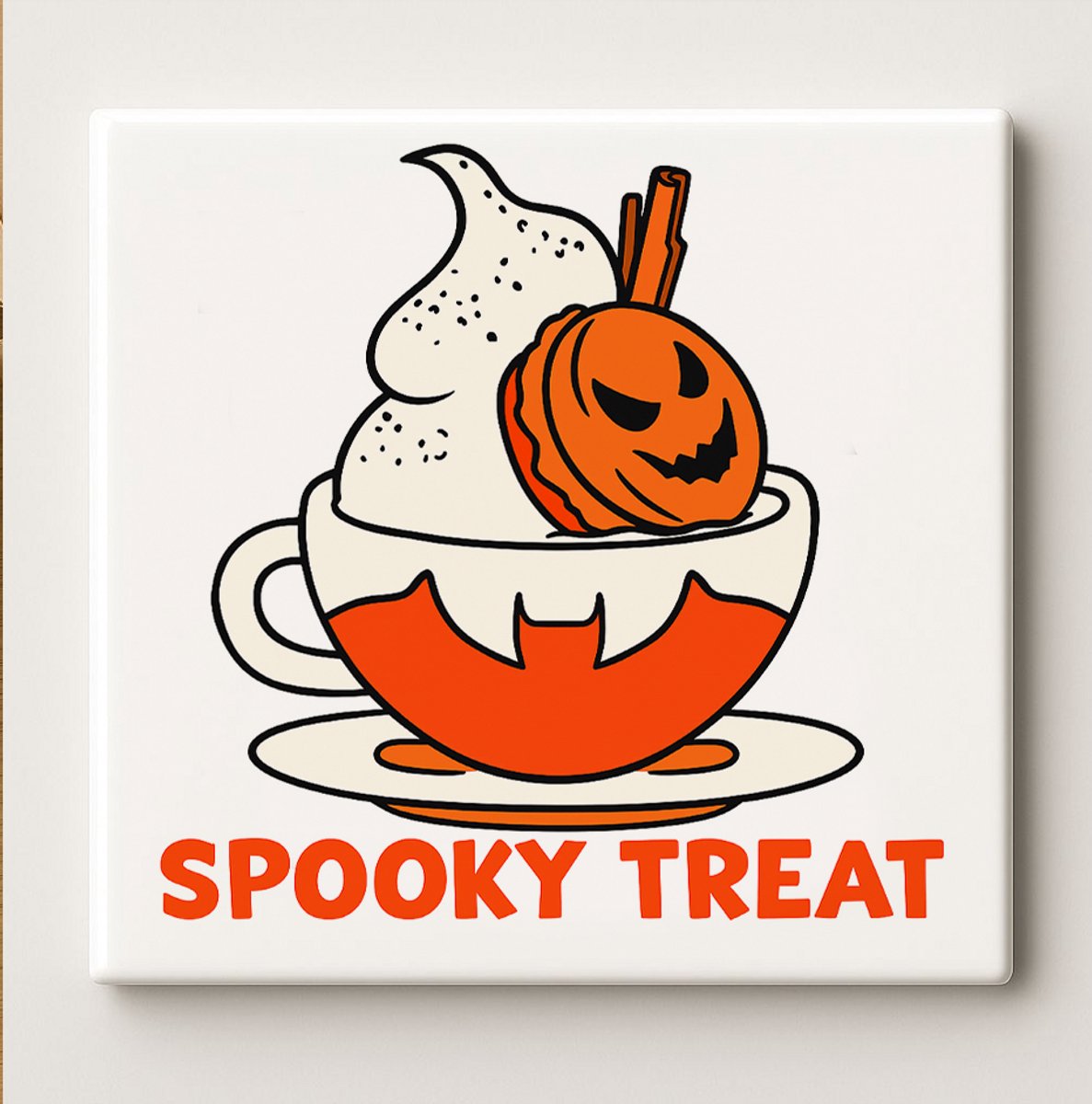Nevolis Spooky Treat Halloween Tegel – Leuke 15x15 cm Keramische Muurdecoratie | Pompoen Dessert Ontwerp Cadeau voor Halloween- & Koffieliefhebbers