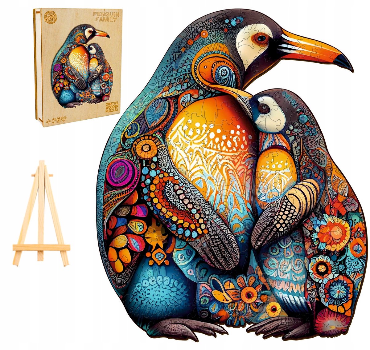 Houten puzzel 300 stukjes - Pinguïnfamilie in houten kist